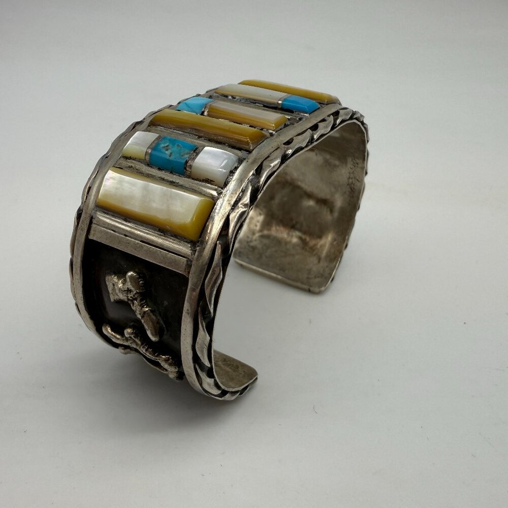 Vintage Navajo Sterling Silver Mother Of Pearl MOP Turquoise Inlay Cuff Bracelet